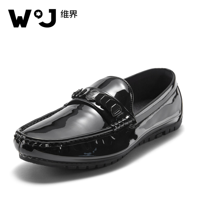 维界春季男士韩版青年透气帆船鞋低帮休闲皮鞋潮豆豆懒人驾车男鞋 黑色(现货) 38
