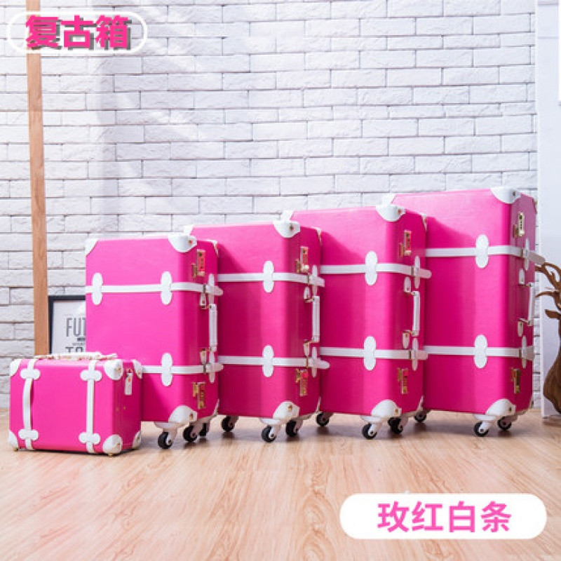婚庆箱复古拉杆箱结婚旅行箱万向轮陪嫁红色皮箱行李箱女化妆箱包_7 24寸[单母箱] 玫红配白边