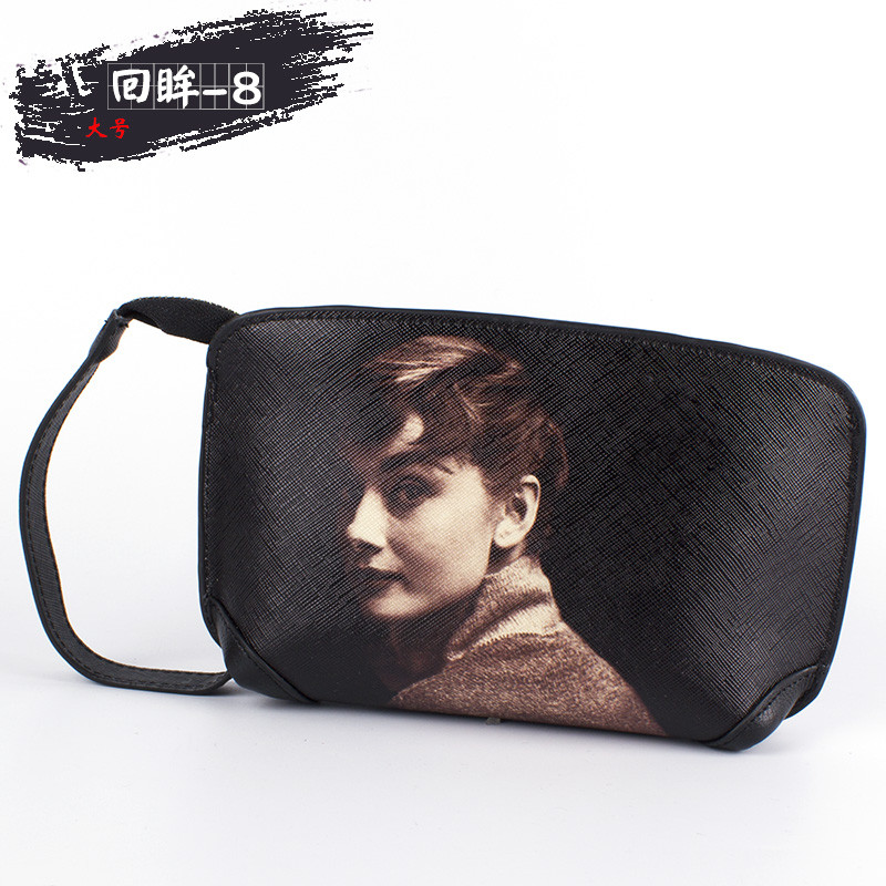 2018新品玛丽莲梦露手机包奥黛丽赫本彩印手包女手拿包零钱包牛皮 大号回眸-8