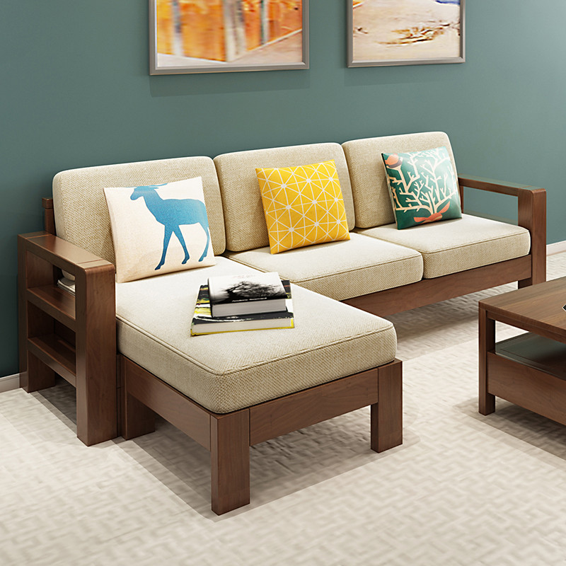 老故居 实木沙发 现代中式布艺沙发 转角组合实木沙发 大小户型客厅木质家具 四人位+脚踏（榉木色）
