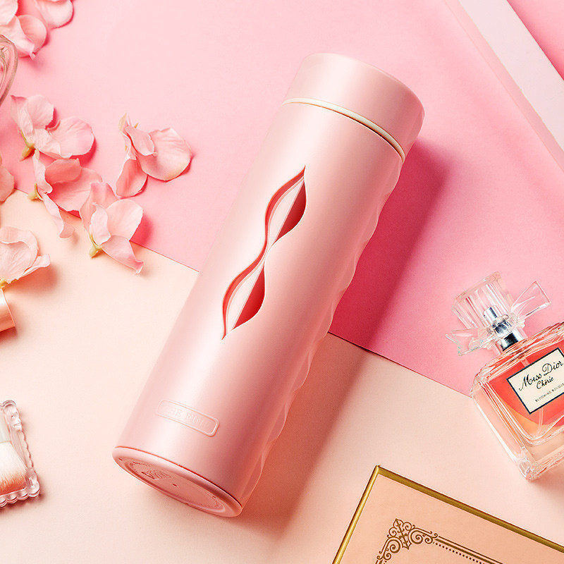 物生物(RELEA)沃普系列玻璃杯水杯女创意便携随手杯子防摔双层耐热过滤泡茶杯 罗曼粉