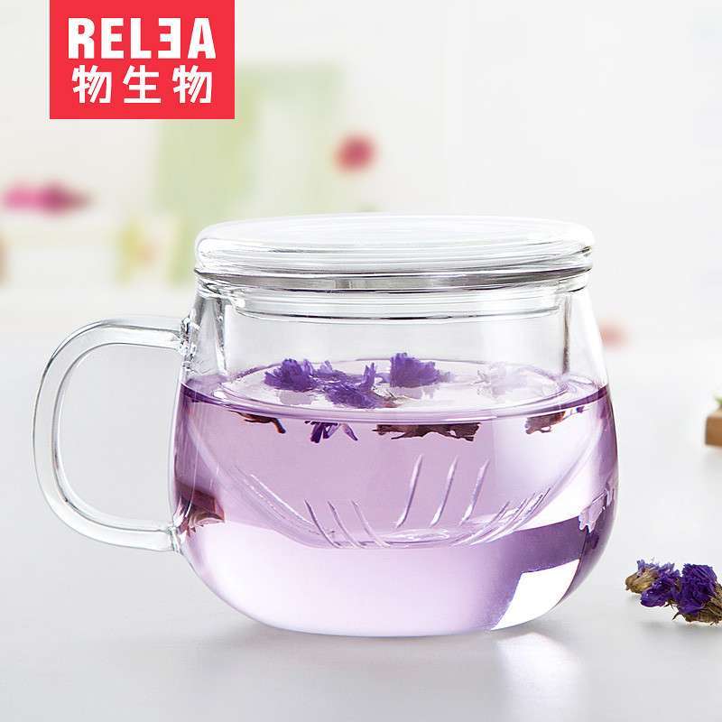 物生物(RELEA)蘑菇杯耐热创意玻璃杯夏天水杯女带盖杯子过滤透明花茶杯子 玲珑杯