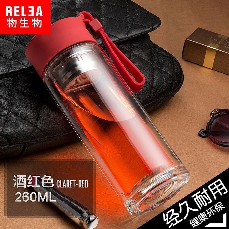 物生物型格双层水晶玻璃杯男士带盖便携过滤茶杯耐热创意水杯子 酒红色260