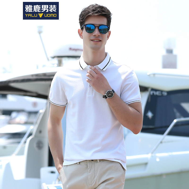 雅鹿男装夏季男士短袖t恤男时尚纯色修身潮流翻领棉上衣polo衫 T1179 170/48 白色
