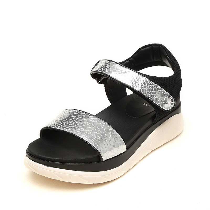 SHOEBOX/鞋柜夏季厚底舒适简约魔术贴中跟凉鞋松糕鞋1116303295_2 银色180 37