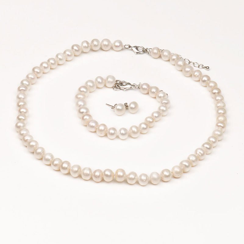 梦克拉 淡水珍珠项链手链耳钉三件套装送妈妈婆婆贵气 配红玉髓绿玉髓三选一 珍珠套装