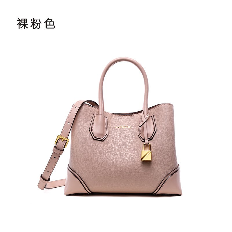 拉菲斯汀2018女包新款小香风牛皮凯莉包女手提包韩版斜跨包单肩包 裸粉色（预售6月27日）