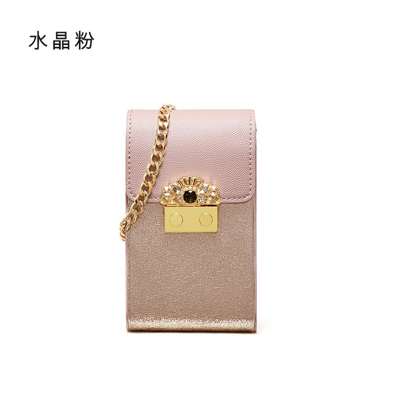 拉菲斯汀韩版手机包女2018新款牛皮小包竖款单肩包女链条包斜挎包 水晶粉