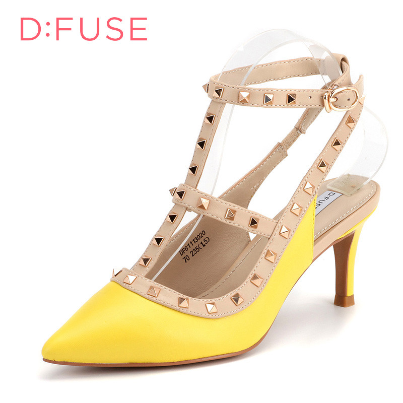 D：Fuse/迪芙斯春羊皮铆钉T型带欧美女鞋DF61113020 70黄色 35