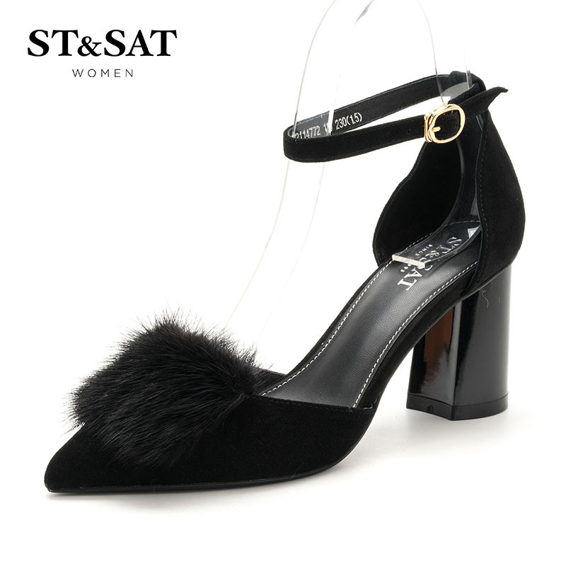 St&Sat/星期六羊反绒舒适浅口粗跟毛毛鞋女鞋SS72114772 10黑色 39