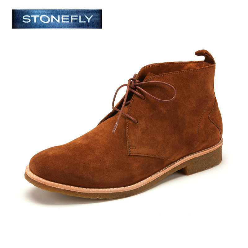 斯通富来STONEFLY冬季绒面牛皮圆头皮革拼接休闲短靴男SD44125202 驼色 39