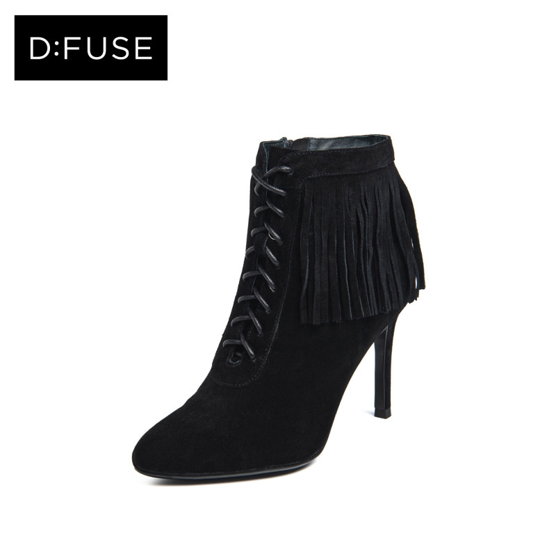 D：Fuse/迪芙斯冬季牛反绒圆头流苏高跟通勤短靴女鞋DF64117372 10黑色 37
