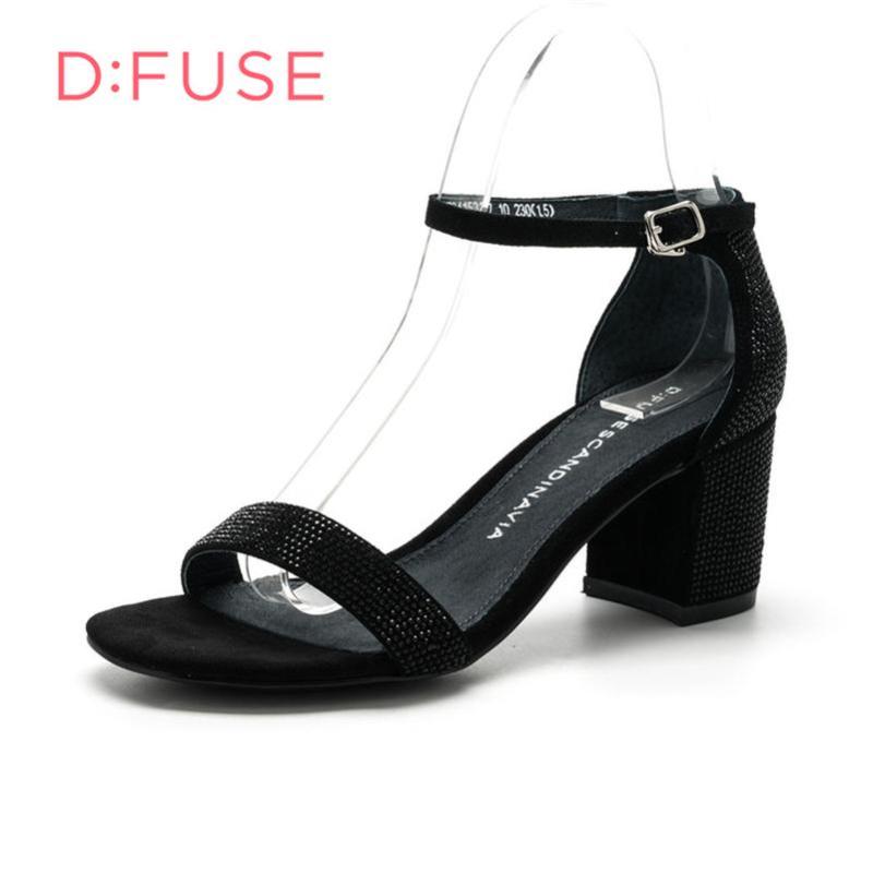 D：Fuse/迪芙斯夏羊反绒一字带露趾粗跟女凉鞋DF72115317 黑色 37