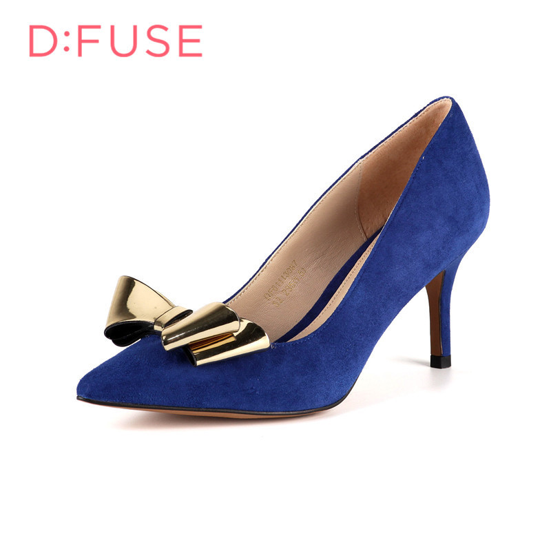 D：Fuse/迪芙斯春羊皮蝴蝶结尖头高跟单鞋女鞋DF61113097 蓝色 39