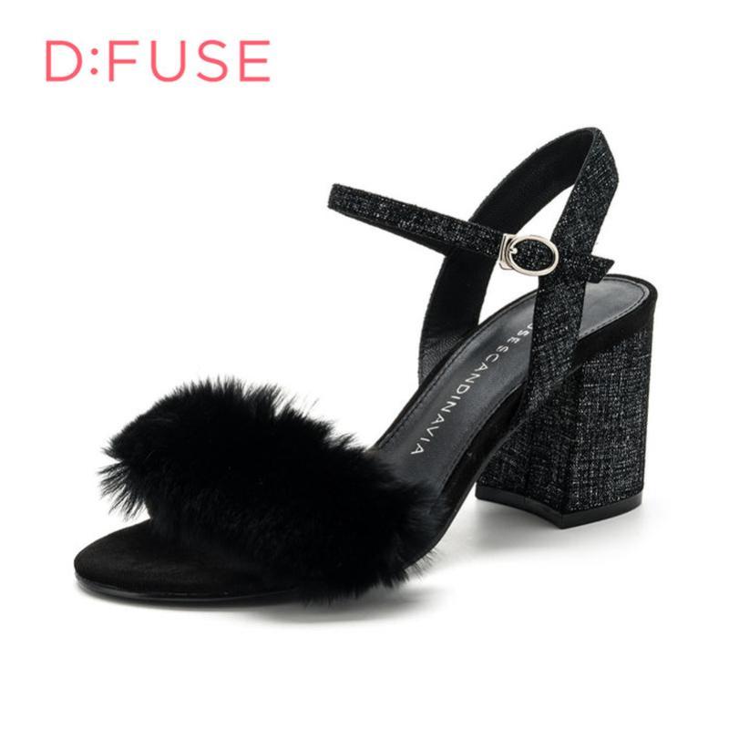 D：Fuse/迪芙斯牛反绒露趾粗高跟毛毛女鞋凉鞋DF72115256 黑色 34
