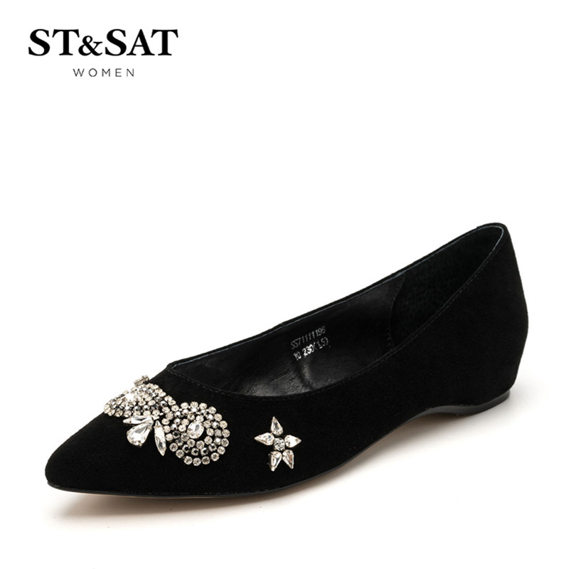 St&Sat/星期六单鞋女羊反绒尖头低跟浅口女鞋SS71111196 10黑色 35