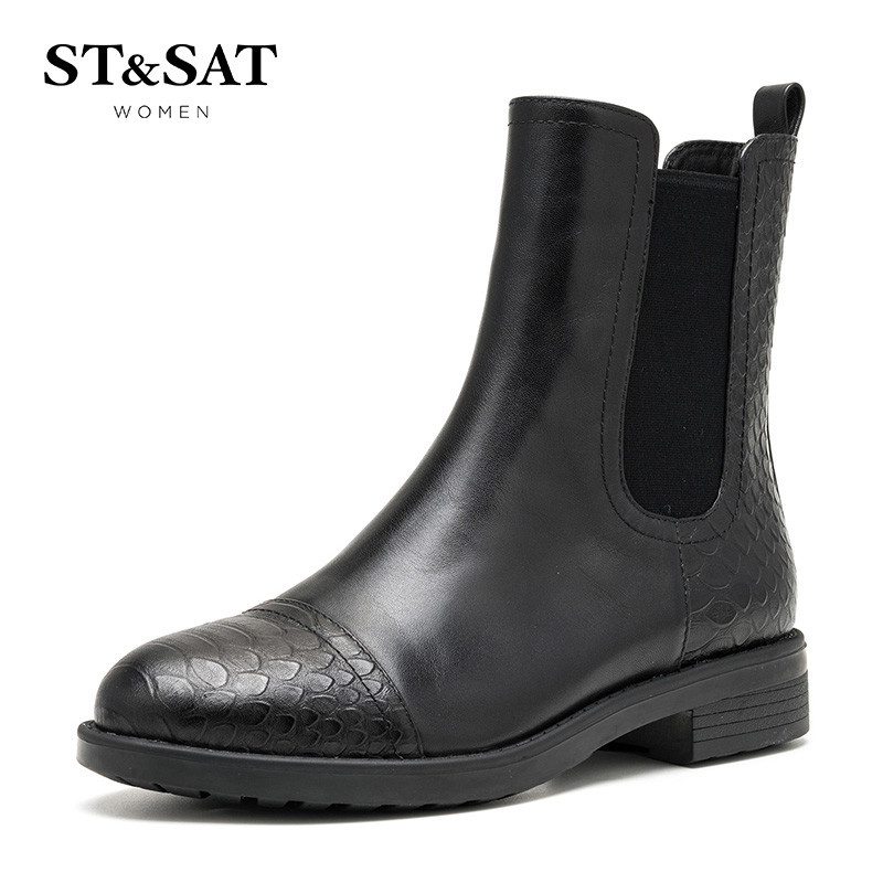 St&Sat/星期六冬季新款牛皮拼接蛇纹圆头短靴女鞋SS64117122 10黑色 39