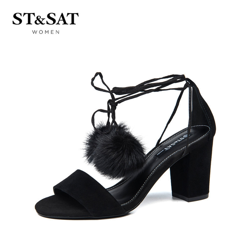 St&Sat/星期六细带羊反绒毛毛球露趾女凉鞋SS72115767 黑色 37