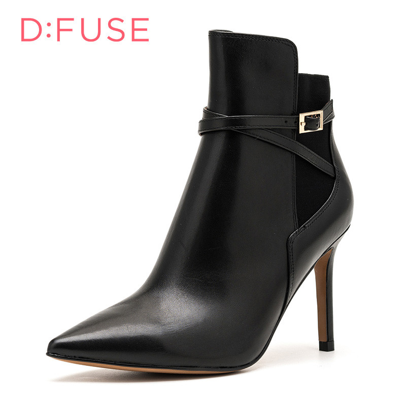 D:Fuse/迪芙斯短靴秋冬牛皮尖头个性皮带扣细高跟女鞋DF64117220_cWT21 10黑色 35