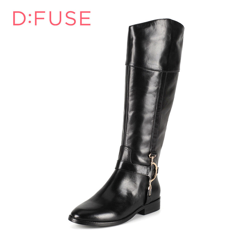 D：Fuse/迪芙斯长靴冬新款牛皮圆头低跟侧拉链女鞋DF54116501_ahC04 10黑色 39