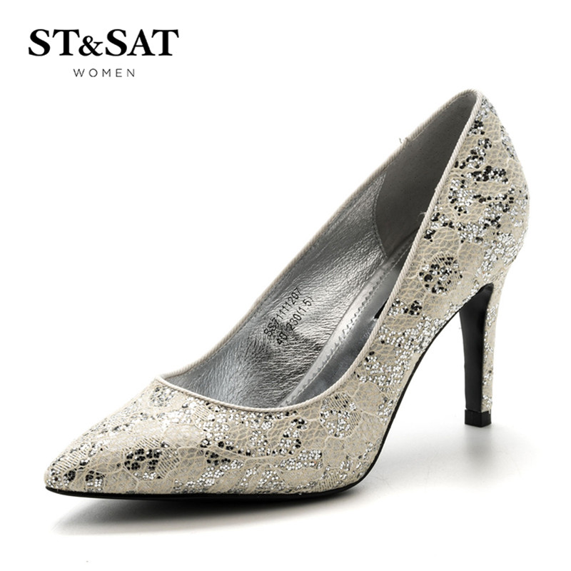 St&Sat/星期六格利特尖头性感女单鞋SS71111207 40银白色 37