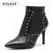 St&Sat/星期六冬新款牛皮尖头金属铆钉高跟短靴女靴子SS64117054 10黑色 39