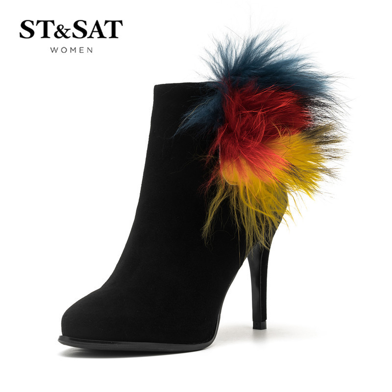 星期六ST&SAT冬季绒面羊皮尖头超高拉链时尚毛毛装饰短靴SS64117023 黑色/蓝多彩色 34