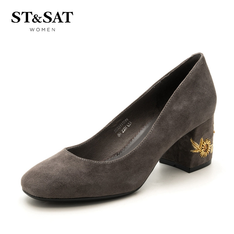 St&Sat/星期六商场同款羊反绒粗跟单鞋女鞋SS73111278 80灰色 39