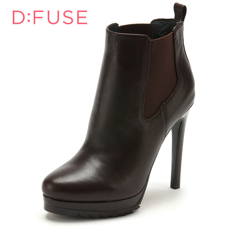D：Fuse/迪芙斯短靴冬新款牛皮圆头超高细跟女鞋DF54115027 28深咖色 35