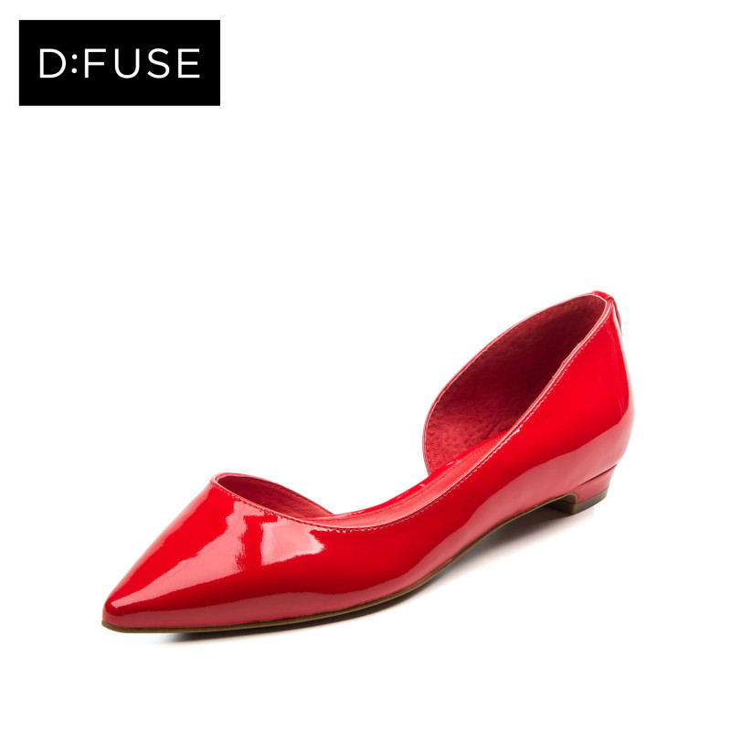 D：Fuse/迪芙斯牛漆皮尖头铆钉侧空低跟单鞋女鞋DF61113089 30红色 34