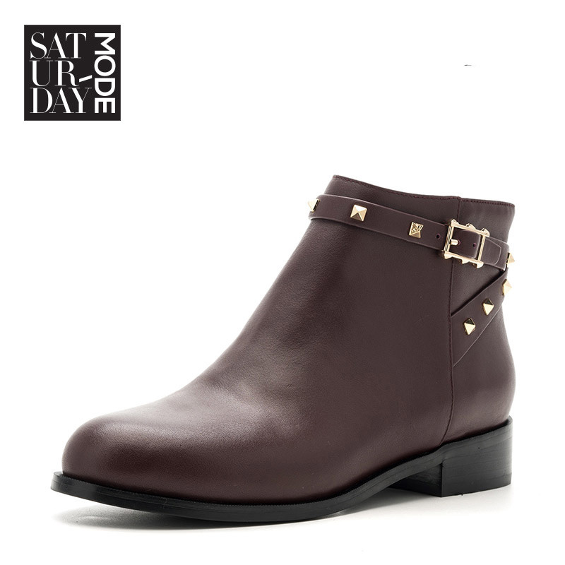 SATURDAYMODE牛皮革粗跟圆头休闲短靴MD64116218 酒红色 34