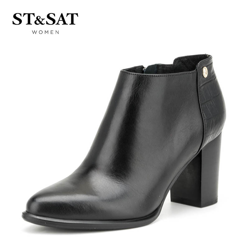 St&Sat/星期六尖头时尚粗高跟欧美短靴英伦女鞋SS64117311 10黑色 39