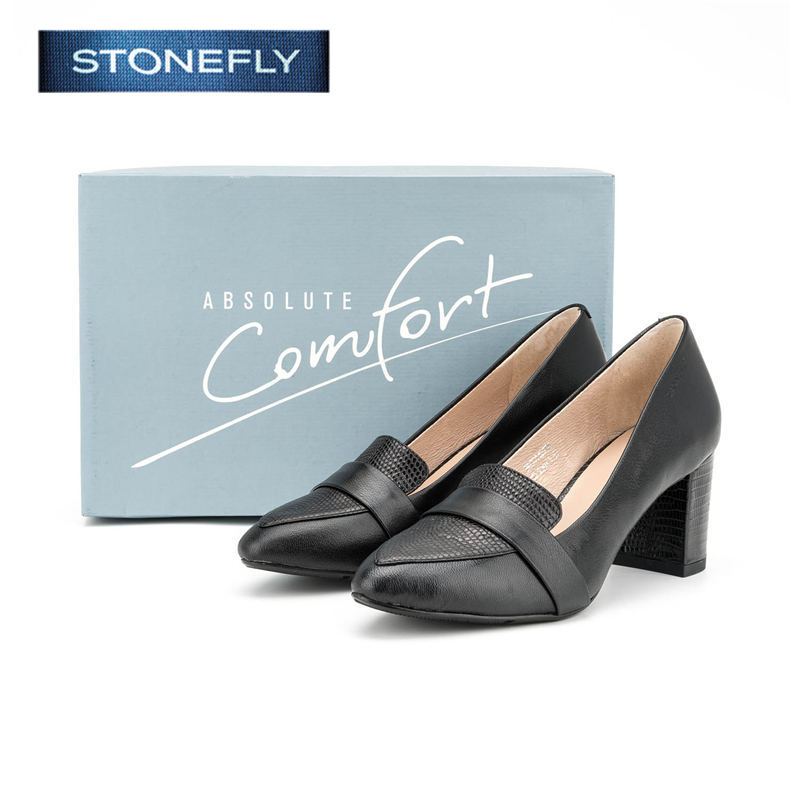 斯通富来STONEFLY羊皮尖头中跟套脚纯色浅口女鞋SD63112708 黑色 37