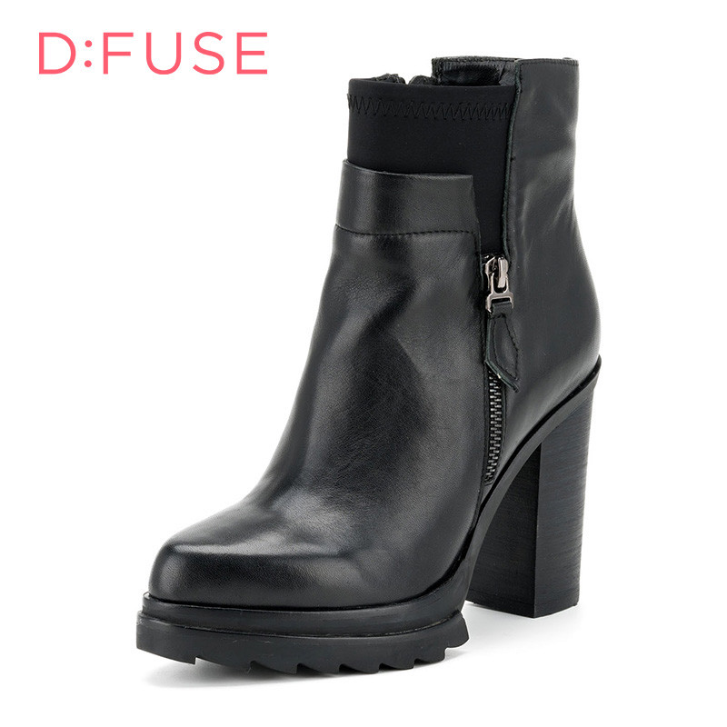 D：Fuse/迪芙斯短靴冬新款牛皮尖头超高跟侧拉链女鞋DF54115314 10黑色 39