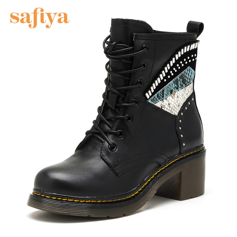Safiya/索菲娅牛皮圆头铆钉粗跟英伦马丁靴短靴女靴子SF64116119 10黑色 39