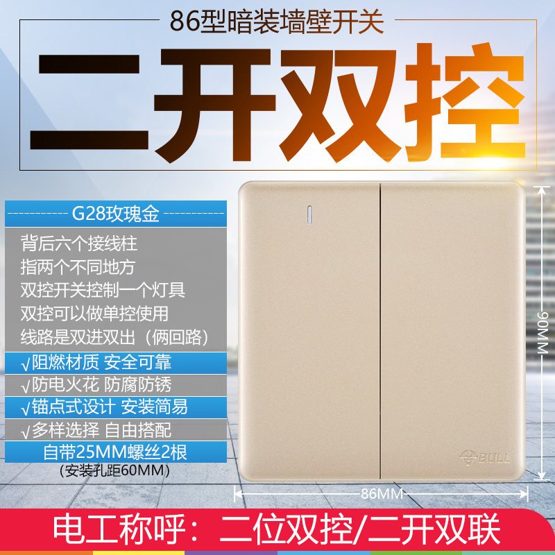 BULL公牛开关插座G28香槟金86型大板家用USB五孔墙壁电源插座开关面板暗装插座 G28香槟金 二开双控