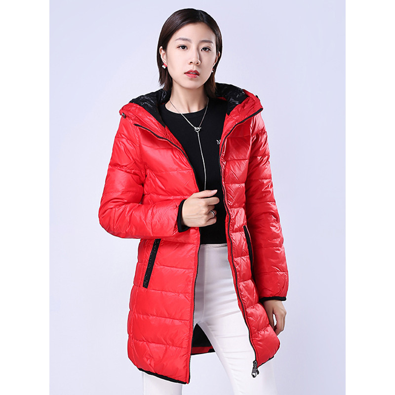 千仞岗新品羽绒服女中长款修身时尚连帽冬装外套Q-1731 红色 155