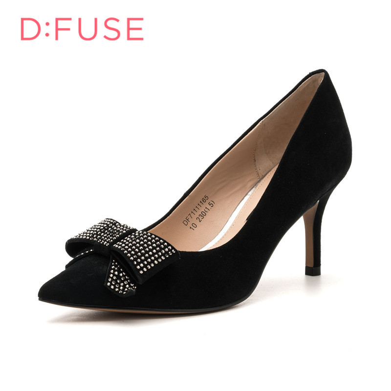 D：Fuse/迪芙斯商场同款绒面羊皮高跟单鞋女鞋DF71111165 黑色 34