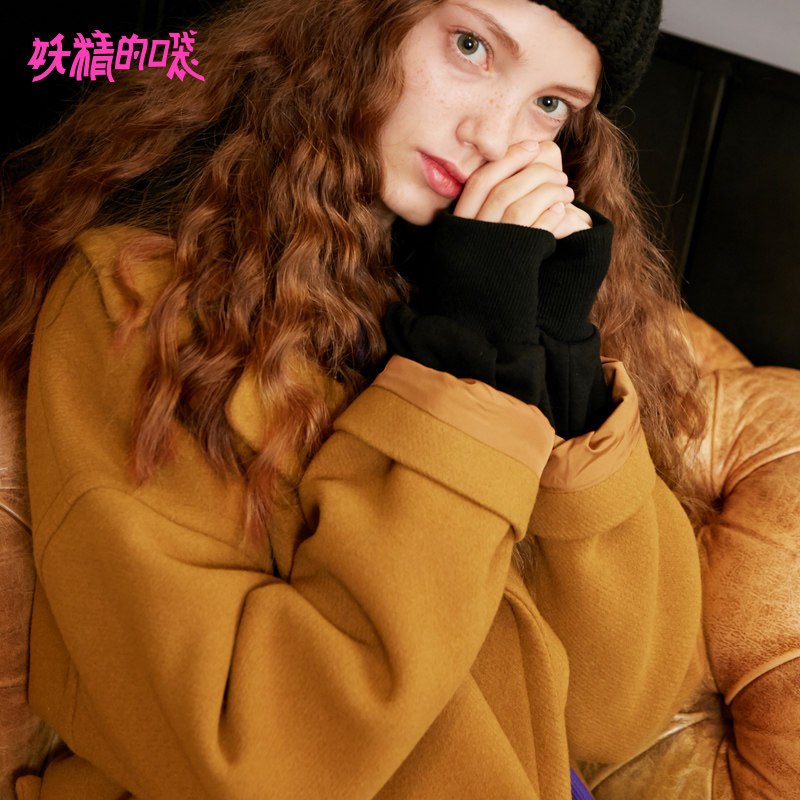 妖精的口袋Y赫本风毛呢大衣秋装2018新款长款落肩设计毛呢外套女R_1 L 泰迪咖色