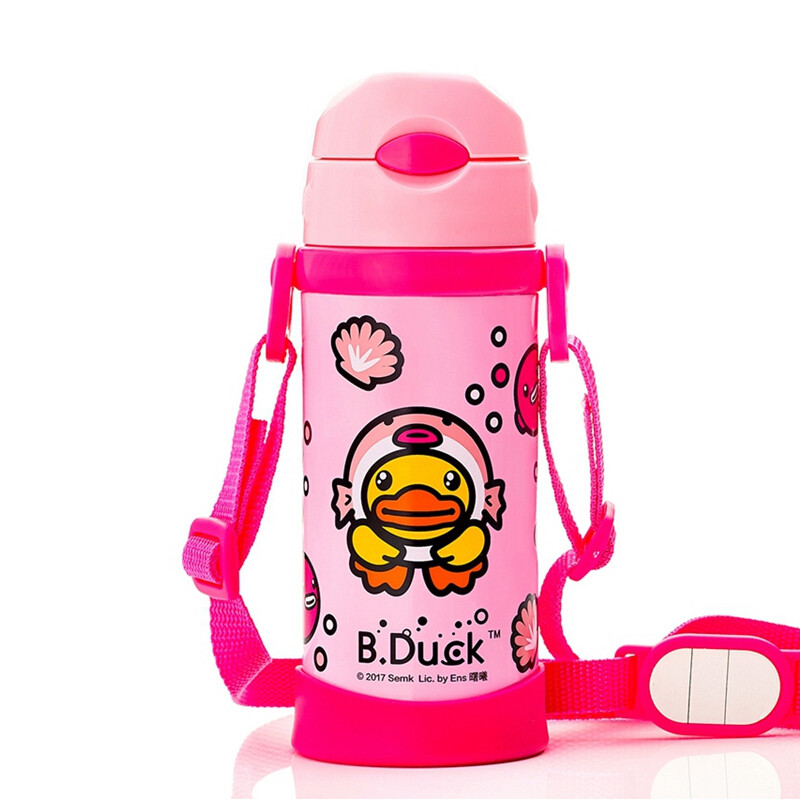 B.DUCK小黄鸭儿童保温杯宝宝不锈钢水杯高真空吸管杯保温水壶380ml 380ml高真空粉色