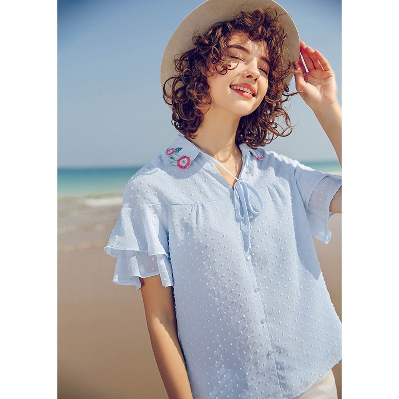 裂帛夏装新款清新文艺翻领刺绣开襟小衬衣少心衬衫夏 L 蓝色
