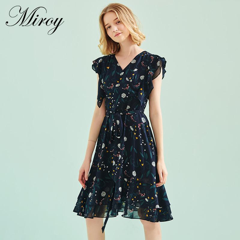 麦诺伊2018夏SHOP1972复古高腰碎花系带连衣裙MIHMHG206_1 S/160 藏青色