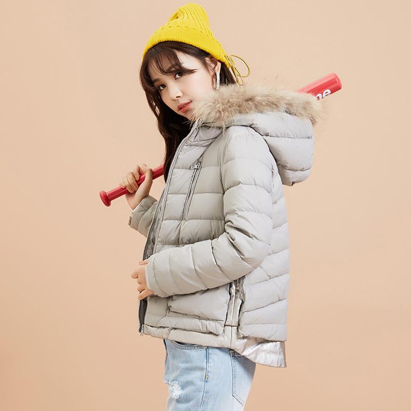 【反季特价】美特斯邦威羽绒服女秋冬装毛领净色可爱连帽短款外套韩版学生潮_1 S:155/80A 603036灰色【1】