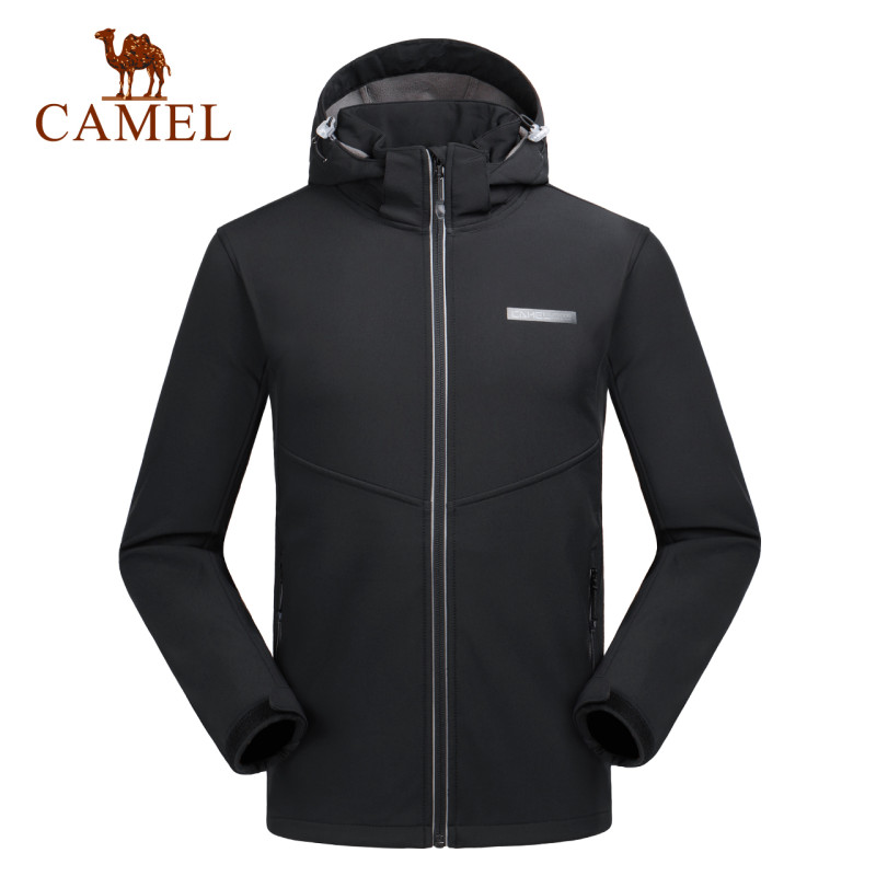 CAMEL骆驼户外软壳衣 情侣款男女休闲徒步登山防风开衫拉链加厚保暖抓绒软壳外套 XL A8W245111，黑色，男款