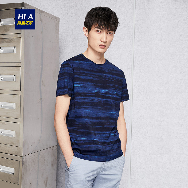 HLA海澜之家花纹短袖T恤2018夏季新品套头圆领短袖T恤男 180/96A/XL 藏青花纹12