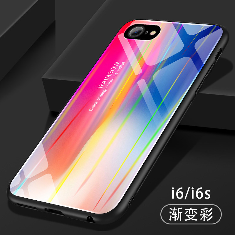 机伴 苹果iphone8plus/7Plus手机壳苹果6/6splus苹果X新款TPU镭射极光渐变钢化玻璃手机壳/保护套 苹果6/6s-渐变彩