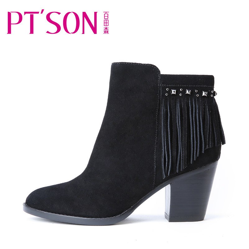 PTSON/百田森牛皮磨砂短靴女高跟粗跟圆头防水台女靴 黑色 37