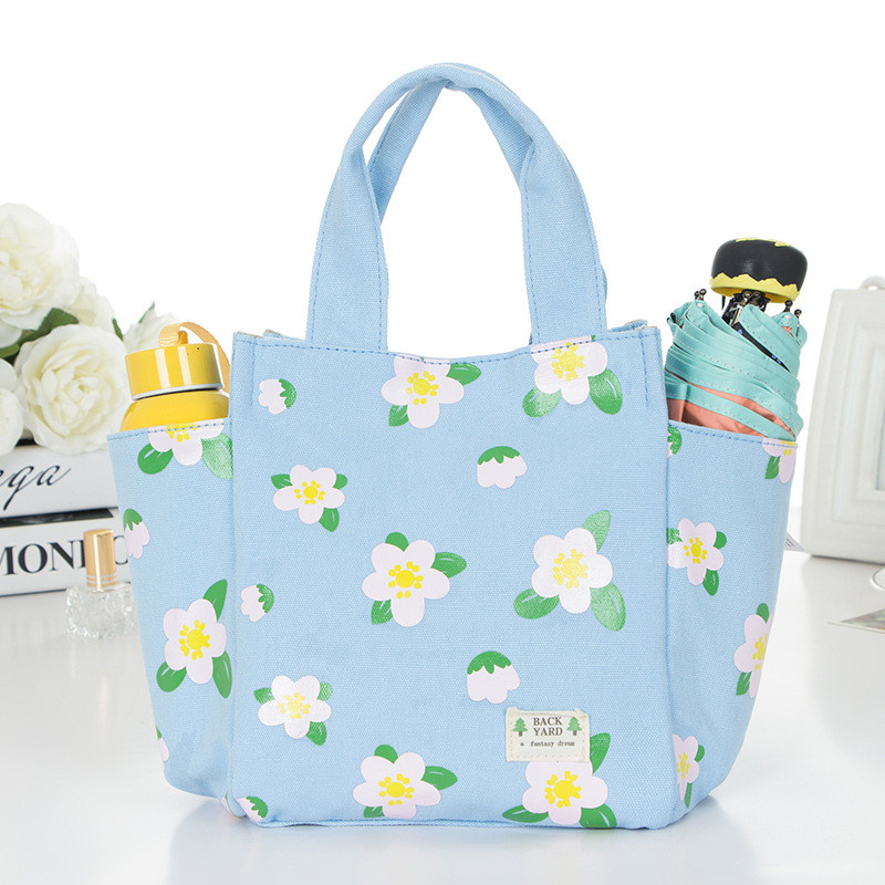带饭手提袋子帆布妈咪包小拎包布艺午餐便当包大号装饭盒袋手提包_4 天蓝花朵