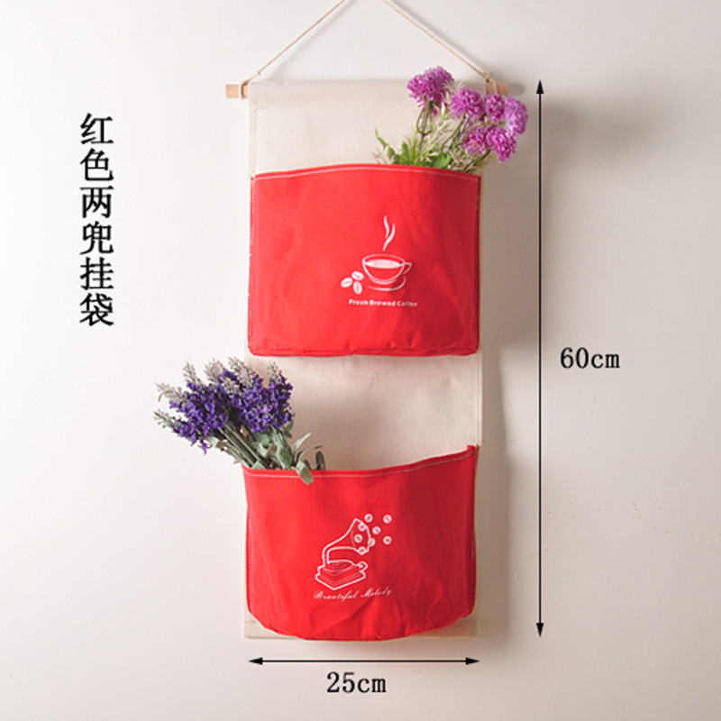 后墙上杂物收纳袋棉麻收纳挂袋大号整理袋布艺储物袋居家收纳挂袋_1 红色大二兜挂袋（25x60cm）