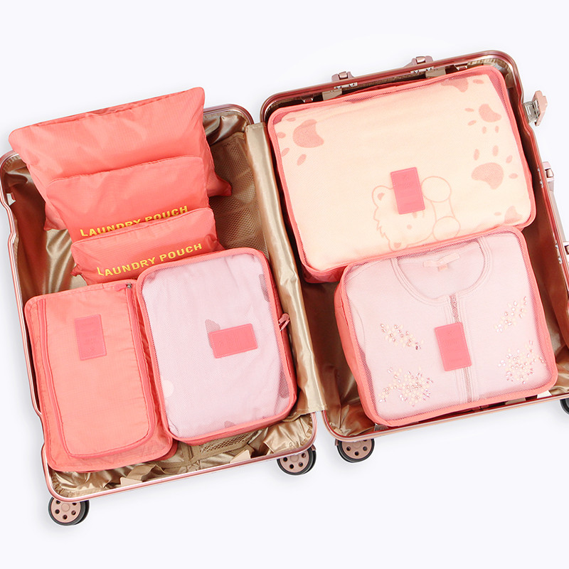 便携衣物旅行收纳袋套装行李箱收纳包旅游整理袋_1 七件套粉红